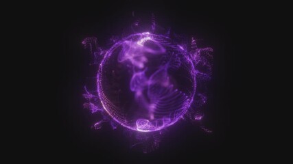 Sticker - Abstract mysterious mystical looped purple energy sphere of particles and waves of magical glow on black background, video 4k