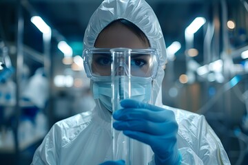 scientist in protective gear analyzing sample in laboratory