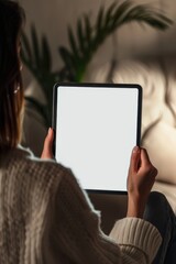  - A person sitting on a couch holding a tablet device, possibly browsing or working online