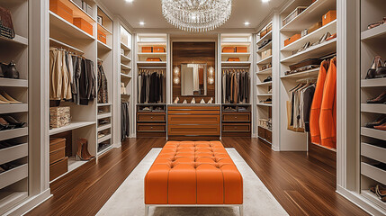 Wall Mural - A spacious walk-in closet with high-end fashion and accessories