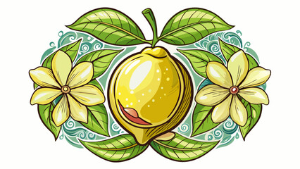 a lemon with a flower on it and two leaves, placed in a central frame on a white background