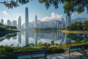 Wall Mural - Serene Cityscape: A Tranquil View of Skyscrapers Reflected in a Calm Lake