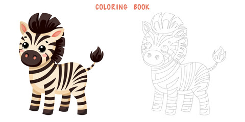 Coloring book of cute African wild zebra in scandinavian style isolated on white background. Coloring page of pretty animal. Vector cartoon illustration.