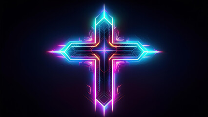 A neon cross in a cyberpunk atmosphere on a dark background exposing the cross. 4K illustration