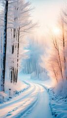 Wall Mural - Beautiful winter snow forest with light and copy space