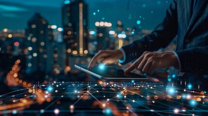 Poster - A man is typing on a tablet in a city at night