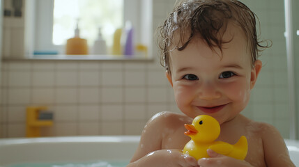 Wall Mural - A baby is in a bathtub holding a rubber duck