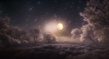 Wall Mural - A nighttime nature scene with a full moon and shooting stars in the sky Seamless looping time lapse virtual video animation background 4k animation
