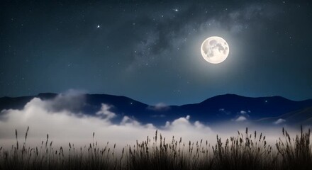 Wall Mural - A nighttime nature scene with a full moon and shooting stars in the sky Seamless looping time lapse virtual video animation background 4k animation