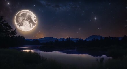 Wall Mural - A nighttime nature scene with a full moon and shooting stars in the sky Seamless looping time lapse virtual video animation background 4k animation