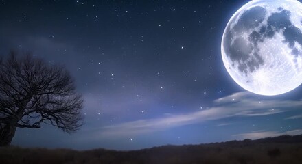 Wall Mural - A nighttime nature scene with a full moon and shooting stars in the sky Seamless looping time lapse virtual video animation background 4k animation