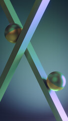 Poster - Abstract illustration with rolling metallic spheres on inclined diagonal planes with neon metallic glow. 3d rendering