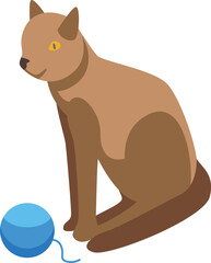 Sticker - Brown cat sitting and looking at blue yarn ball isometric illustration