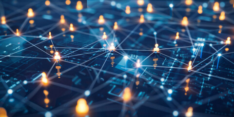 Poster - A blue and yellow image of a network of people with a lot of dots