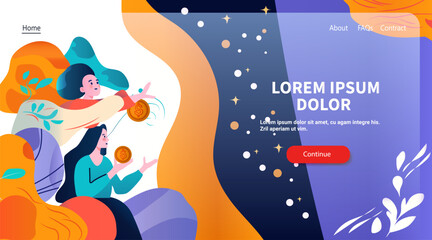 Poster - Digital currency concept people holding coins vibrant colors abstract background website design