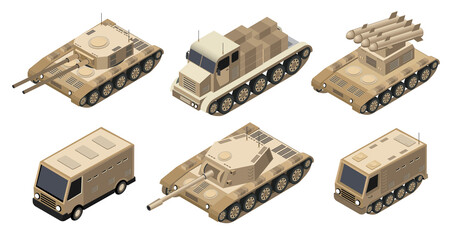 Poster - Military vehicles transporting soldiers and missiles in isometric view