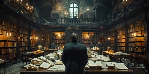 A Man Standing in a Grand Library