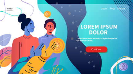 Poster - Digital currency people holding coins abstract background with leaves and stars bright colors web design template