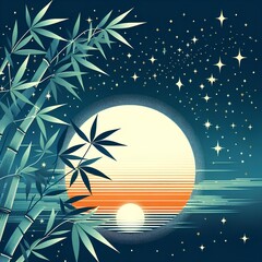 Wall Mural - Illustration of bamboo leaves and starry sky for Tanabata.