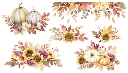Wall Mural - watercolor harvest thanksgiving day. fall compositions with pumpkins, sunflowers and autumn leaves. 