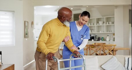 Poster - Woman, nurse and helping elderly man with walker in living room for support or trust at old age home. Female person, doctor or medical caregiver walking with senior patient for nursing help at house