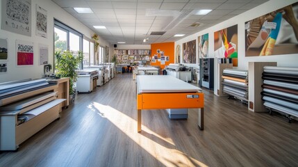 Poster - A spacious design studio featuring large tables, natural light, and creative materials for graphic projects.