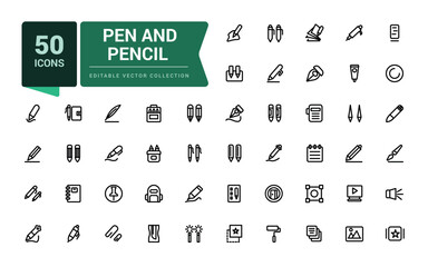 Aufkleber - Pen and pencil icon set. Pixel perfect, minimalistic web and UI icon. Outline icon collections. Editable vector illustration.