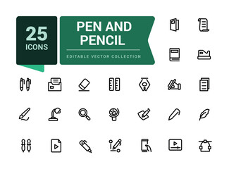 Aufkleber - Pen and pencil icon set. Pixel perfect, minimalistic web and UI icon. Outline icon collections. Editable vector illustration.