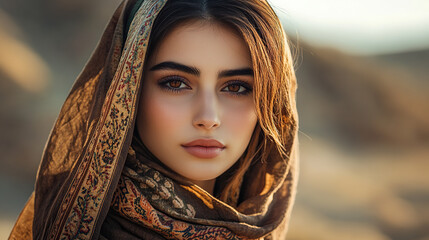 portrait of a beautiful woman in ancient Persia, with a desert background