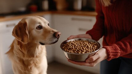 Close-up of a dog owner handing a bowl of pellets to their hungry dog, captured in a warm home kitchen environment.