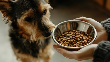 Close-up of a dog owner handing a bowl of pellets to their hungry dog, captured in a warm home kitchen environment.