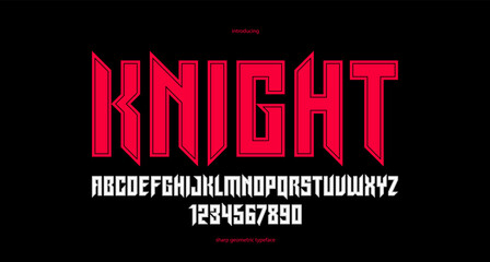 Fototapete - Sharp and bold gothic font for logo creation of for headlines, edgy geometric modern vector typeface, heavy metal and hard rock style alphabet with numbers.