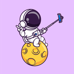 Wall Mural - cute astronaut selfie with phone on moon cartoon vector icon illustration science technology icon co