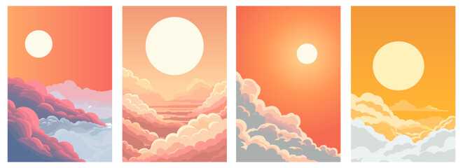 Wall Mural - sun over clouds posters set. cloudy pinky sky round sun. sunset or early sunrise. travel journey or 