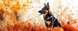 © Orly - Watercolor illustration of a German Shepherd surrounded by autumn leaves and pumpkins, capturing the essence of fall.