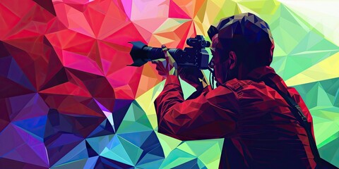 Photographer capturing a moment against colorful background.