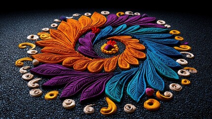 Intricate rangoli design for Diwali, colored powder art