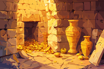 Treasure trove horizontal landscape. Tomb Interior. Narrow space golden vases jewelry. Sandy color stone masonry wall. Ancient abandoned hidden location. Cartoon style vector illustration