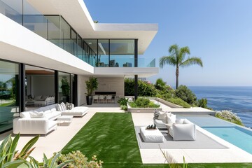 Modern house with artificial grass outdoor area, sleek white furniture, and lush greenery, overlooking the ocean, capturing the essence of Los Angeles' summer coastal fronts.