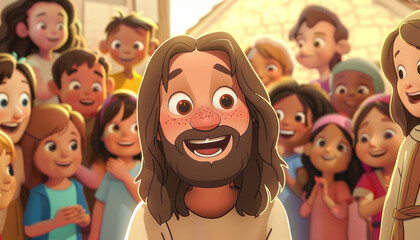 Wall Mural - A cartoon illustration of Jesus smiling and looking at the camera, with many children around him in the background, all with happy faces.