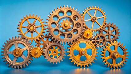 Poster - A collection of old, rusted gears are arranged in a circle
