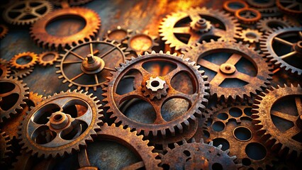 Poster - A collection of old, rusted gears are spread out on a surface