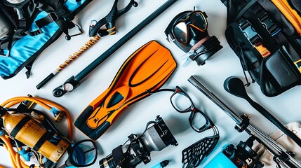 A neatly arranged set of scuba diving equipment including fins, mask, and snorkel on a white surface. The mix of materials and colors stands out.