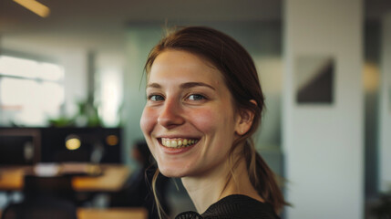 Smiling woman in a modern office, professional photography. Sunset light