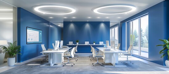 Wall Mural - Modern minimalist office with blue walls, white desks and chairs, round ceiling lighting, large windows, neutral carpet flooring, and a digital wall for data or advertising.