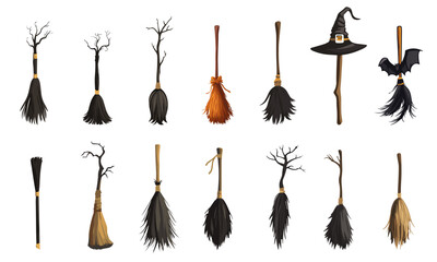 Sticker - Witch broom for halloween set. Magic halloween broomstick Different shapes color and size. Old wooden wizard broom. Design element for card poster banner sticker pack. Isolated cartoon style vector