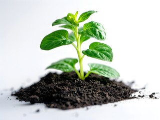 Poster - Small green plant emerging from dark soil on a white background, representing growth and renewal