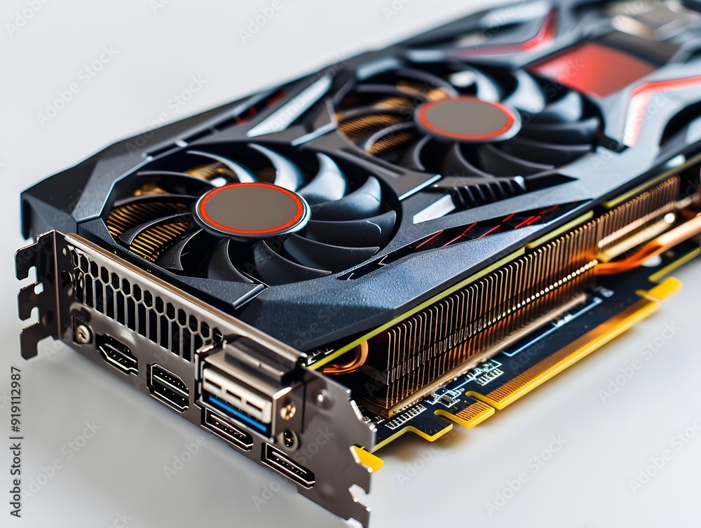 High-performance graphics card with dual cooling fans on a clean ...
