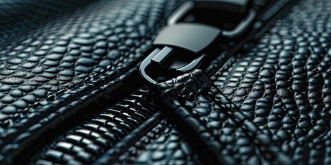 Wall Mural - Black textured leather zipper closeup.