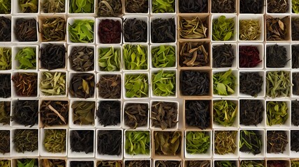 Wall Mural - Colorful Display of Dried Herbs and Leaves in Square Containers